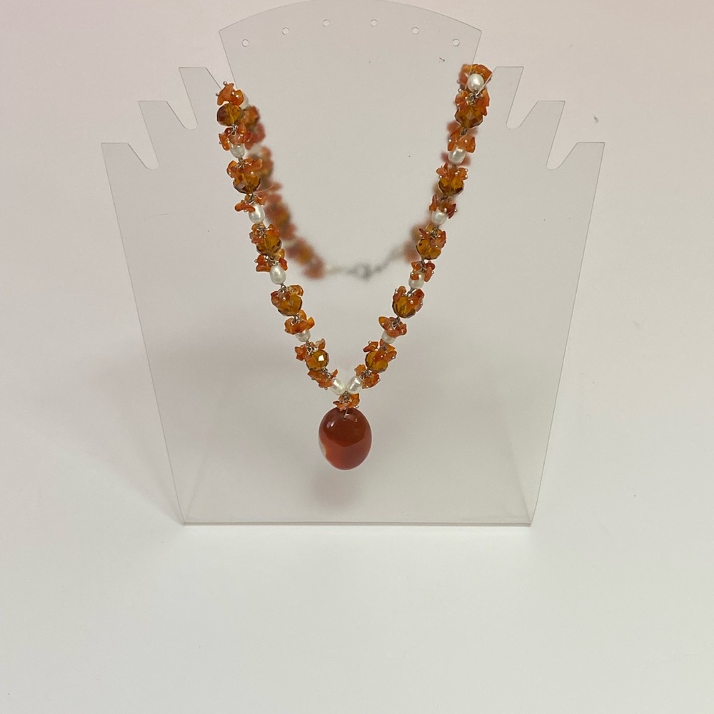 Handmade Necklace. Carnelian pendant with freshwater pearls